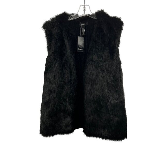 INC International Concepts Faux Fur Vest Open Front Knitted Back Black M/L New - Picture 1 of 8